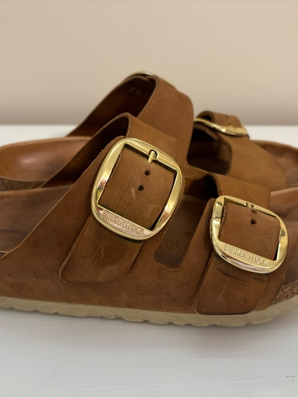 Birkenstock Arizona Suede Sandals in Cognac Brown with Gold Buckles